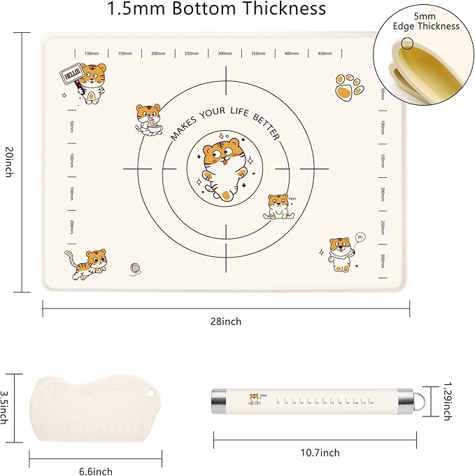 28x20 Inch Extra Thick Silicone Pastry Board, Silicone Baking Mat with Measurements, Non-slip Silicone Mat, Kneading Counter Mat, Non-Stick Dough Mat with Edge Heightening