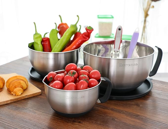 Rorence Stainless Steel Non-Slip Mixing Bowls With Pour Spout, Handle and Lid, Set of 3, Black