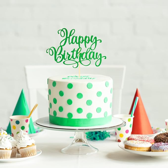Happy Birthday Cake Toppers 9 Inch Glitter Happy Birthday Cake Pick for Birthday Anniversary Theme Party Cake Decorations Supplies - Hunter Green