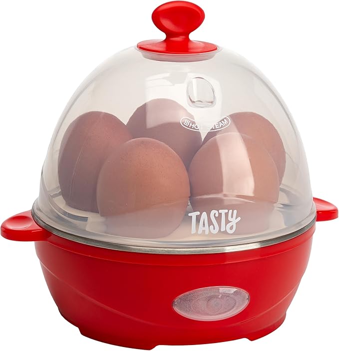 Tasty Mini Rapid Egg Cooker, 5-Egg Capacity for Perfect Hard Boiled Eggs or Omelets, Auto Shut Off, Red