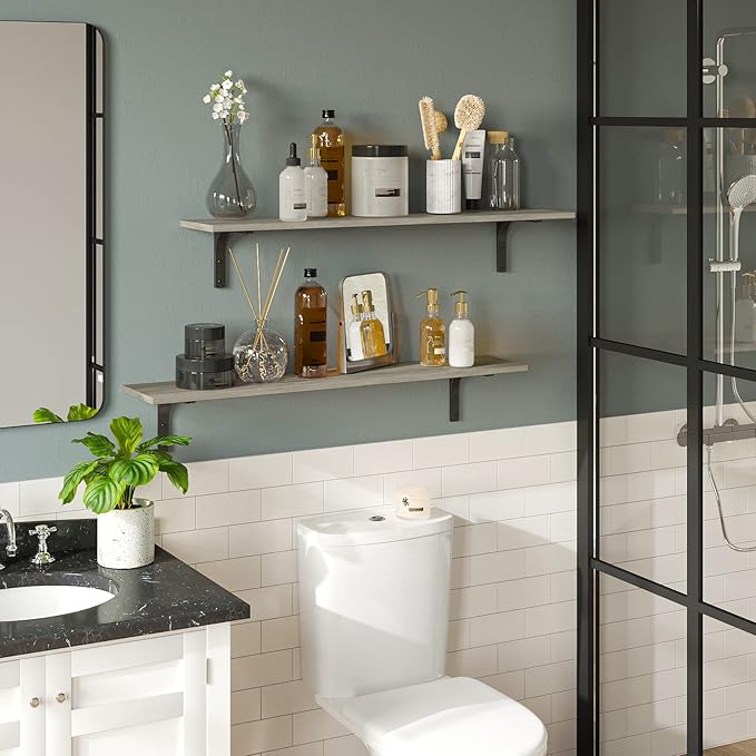 DINZI LVJ Long Wall Shelves, 39.4Inch Wall Mounted Shelves Set of 2, Extra Large Floating Storage Ledges with Sturdy Metal Brackets for Living Room, Bathroom, Bedroom, Kitchen, Gray Wash