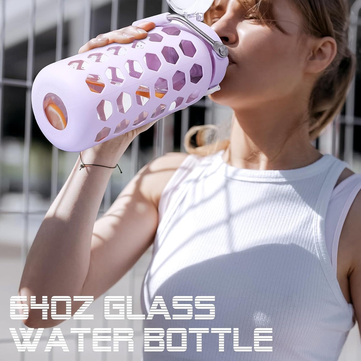 MUKOKO 64oz Glass Water Bottles with Straw and Lid,Half Gallon Water Bottle with Time Marker,Large Glass Water Jug with Silicone Sleeve and Stainless Steel Handle-Purple