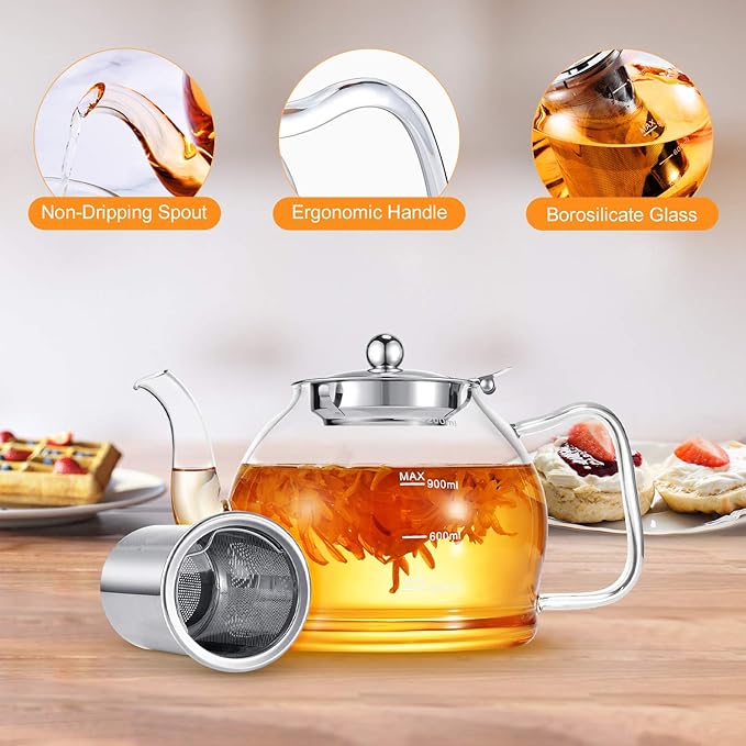 STNTUS Glass Teapot, 40 oz. / 1200 ml for Loose Tea, With Infuser and Stainless Steel Strainer, Stovetop Safe, 4-6 Cups