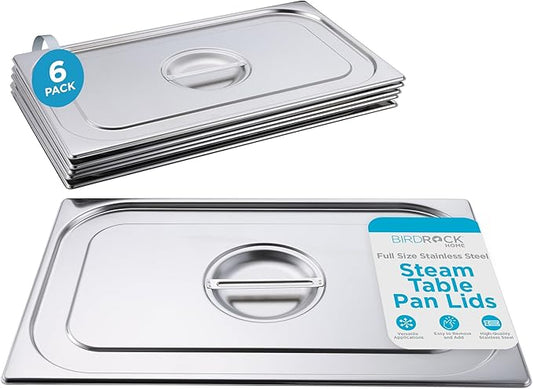 BIRDROCK HOME Stainless Steel Steam Table Pan Lids - Restaurant and Catering Supplies - 24 Gauge Steel - Perfect for Meal Prep, Cooking, and Food Storage Container - 6 Pack, Fits Full-Size Hotel Pans