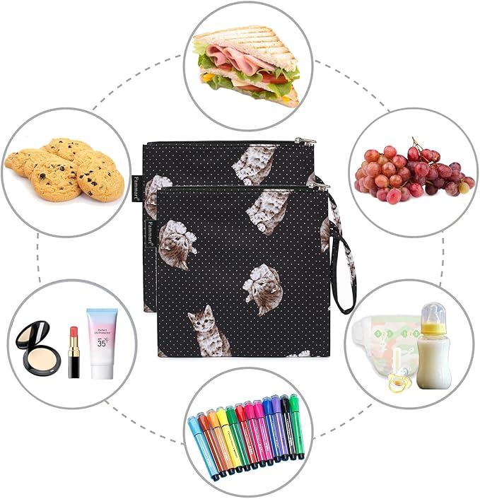 Reusable Sandwich Bag/Snack Bag for Kids & Adults, Dual Layer Lunch Bag with Handle, Washable, Food Safe, BPA Free (2-Pack, Dot&Cat)