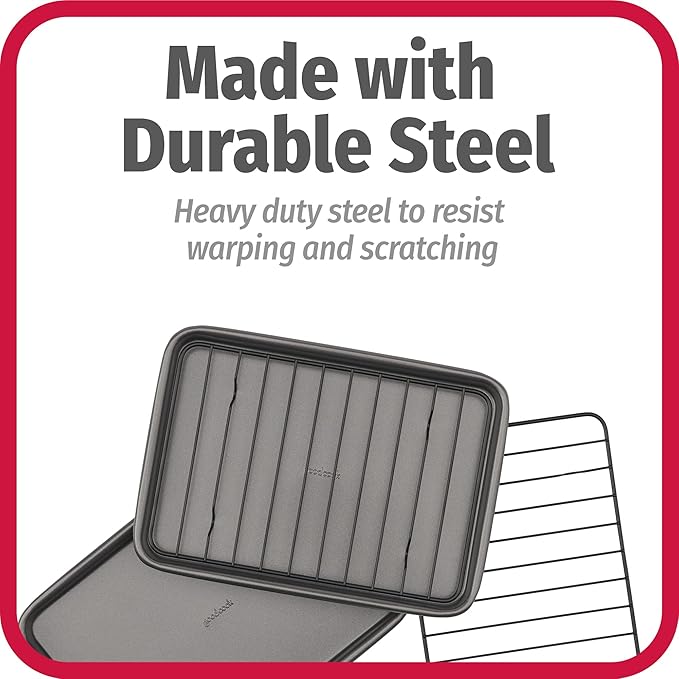 GoodCook Set of 2 Nonstick Steel 9" x 6.2" Toaster Oven Mini Baking Sheets with Racks, Gray