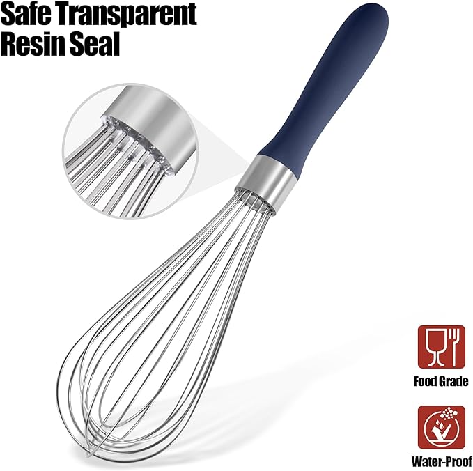 18/8 Stainless Steel Balloon Whisk, Doosu Kitchen Whisk for Cooking Handheld Egg Beater with Rust-Proof Sturdy Wires & Non-Slip Silicone Handle for Beating, Stirring, Blending (8 Wires, Navy Blue)