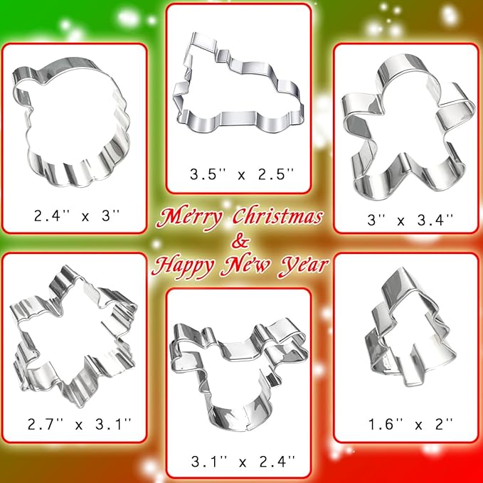 Christmas Cookie Cutters 6Pcs Large, Christmas Theme Shapes Cookie Cutters Santa Claus Gingerman Truck Elk Snow Mini Tree, Metal Dough Fondant Biscuit Molds for Kitchen