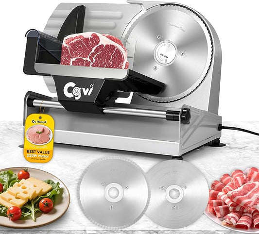 CGOLDENWALL Meat Slicer, 220W Electric Deil Food Slicer with 2 Removable 7.5" Blades, 4/5" Adjustable Thickness, Food Slicer Machine for Home Cutting Meat Cheese Bread Vegetables, 110V CE