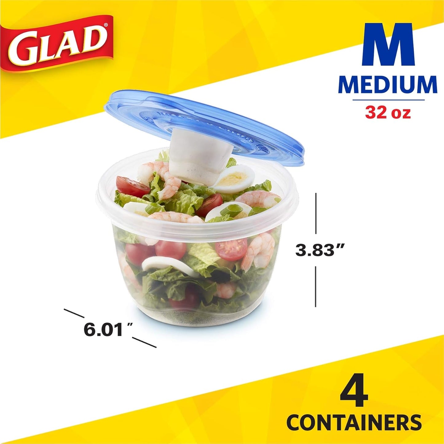Gladware Lockware To Go Food Storage Containers | Glad Medium Size Round Food Storage That Holds up to 32 Ounces of Food, Solids, or Liquids | 32 oz Containers, 4 Count Set