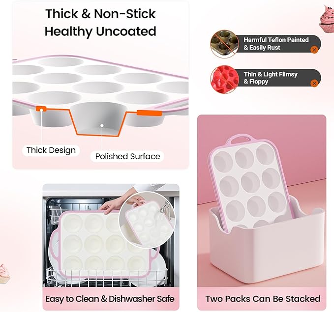 Silicone Muffin Pans for Baking 2 Pack, 2.6 Inch with Metal Reinforced Frame, Regular Size Nonstick Silicone Cupcake Pan for Baking Homemade Muffins, Cupcakes, Dishwasher Safe BPA Free-Pink