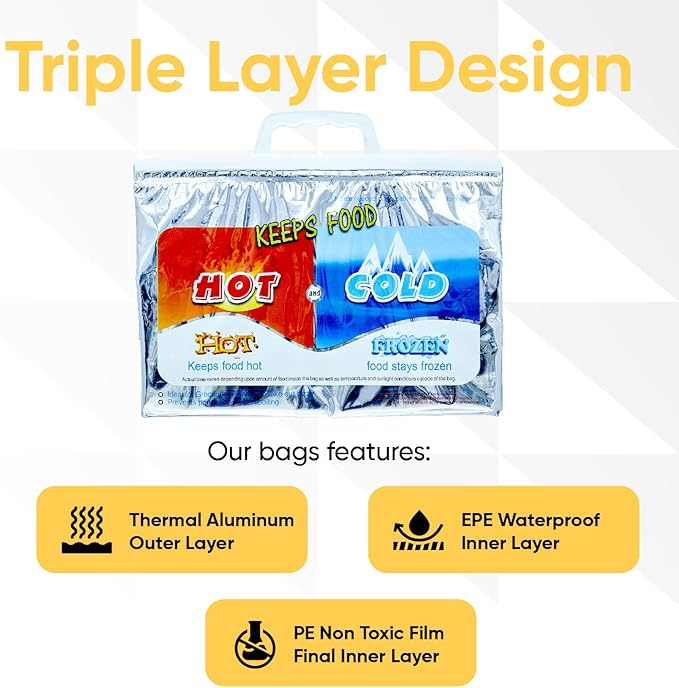 Superio Hot and Cold Insulated Bags for Food Delivery, Grocery Shopping Bags, Food Storage for Hot and Frozen Food for Travel, Disposable Cooler Bag, Reinforced Thermal Lunch Bag (3, 13"x5.5"x8.5")