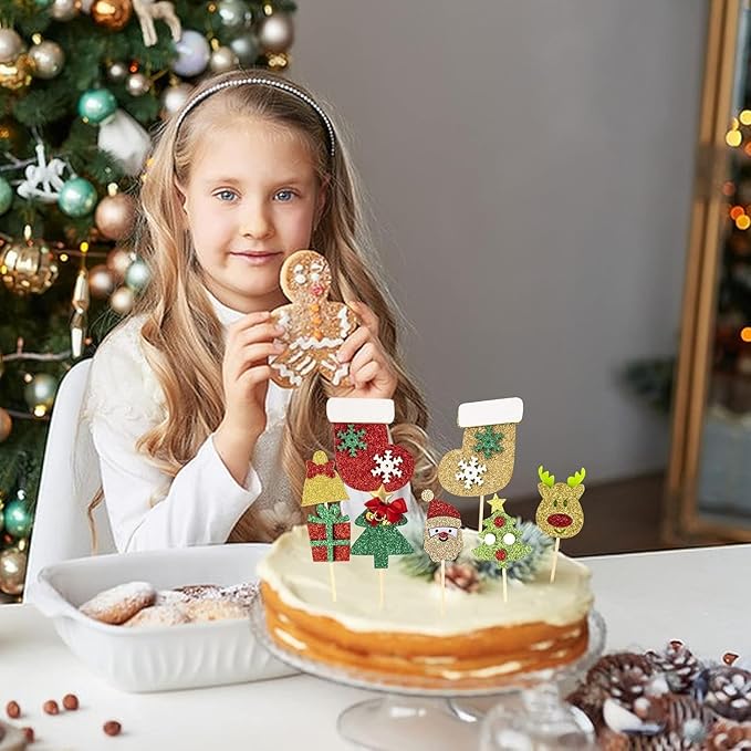 18Pcs Christmas Cake Toppers - Cupcake Decoration Set with Santa Claus, Christmas Tree, Snowman, Sock Theme Party Supplies