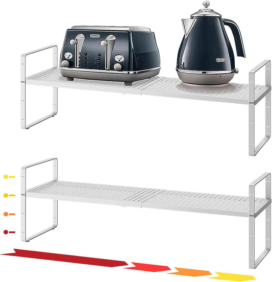 Hole Pattern Expandable Shelf Organizer,2Pack 8.1" Wide Easy to Assemble Cabinet Organizer Shelf, 16.5~27.1" Adjustable Height&Stackable Spice Organization for Cupboard, White