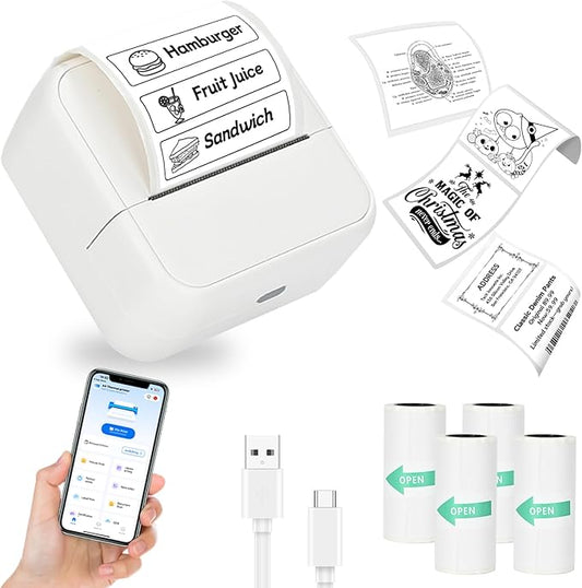 Sticker Printer, Thermal Label Maker Mini Sticker Maker with 4 Roll Paper Bluetooth Inkless Sticker Maker Machine for Home, Office, School, DIY Creations, Sticky Scrapbook, Lists