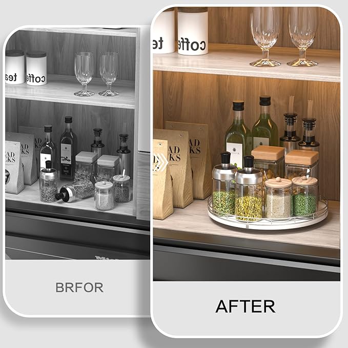 12" Oak Wood Lazy Susan Organizer, Lazy Susan for Cabinet Dining Table Pantry Wood Turntable Organizer Tray for Coffee Table Kitchen Countertop Salt Spice Can Organization and Storage Round Silver