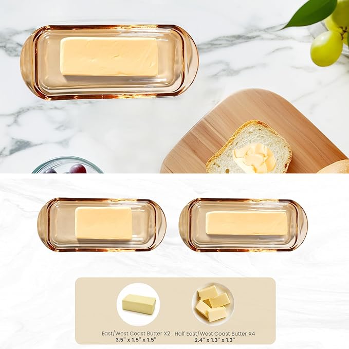 Glass Butter Dish Butter Keeper and Butter Holder for Fridge,Butter Dish with Lid for Countertop,Vintage Container for Counter,Butter Tray on Counter (Amber-7)