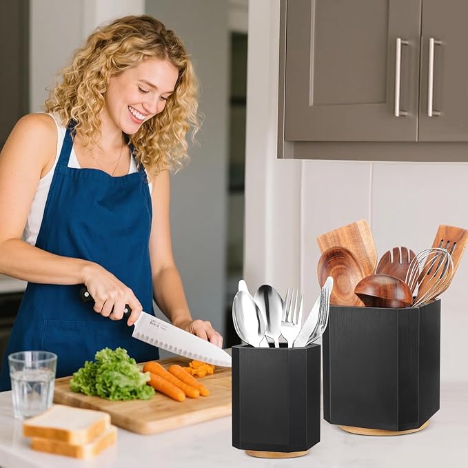 2 Pack Wooden Utensil Holder, 360°Rotating Kitchen Cooking Utensil Crock, Spoon Spatula Holder for Kitchen Counter, Farmhouse Countertop Organizer(Black,Square)