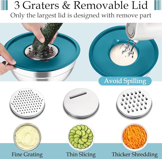 TeamFar Mixing Bowls, Stainless Steel Nesting Salad Bowls with Lids Set of 3 & 3 Grater Attachments, For Mixing/Serving/Storing, Non-toxic & Long-lasting, Size 4.6/3 / 1.5 QT, Navy Blue