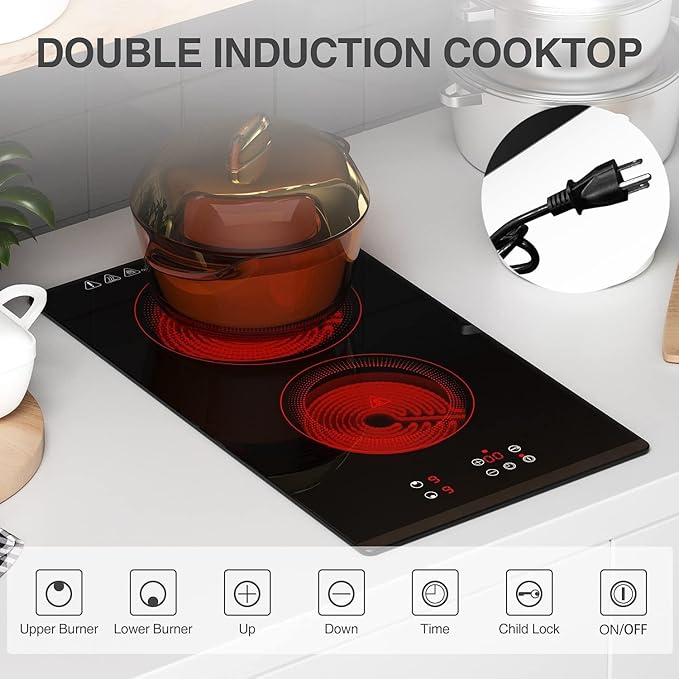 Portable Electric Hot Plate, 2 Burner Cooktop 110V/120V Plug-in, Infrared Stove Top for Cooking, LED Touch Control, Timer & Safety Lock for RV, Dorm, Apartment (Electric Cooktop 2 Burners)