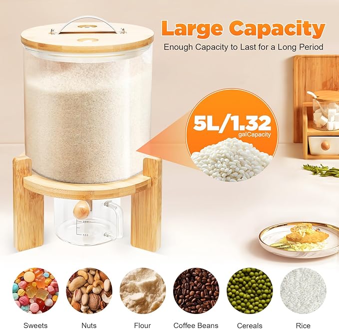 Flour and Cereal Container, Rice Dispenser, Creative Glass Food Storge Container for Kitchen Organization and Pantry Store, Airtight Lid and Wooden Stand (5L)