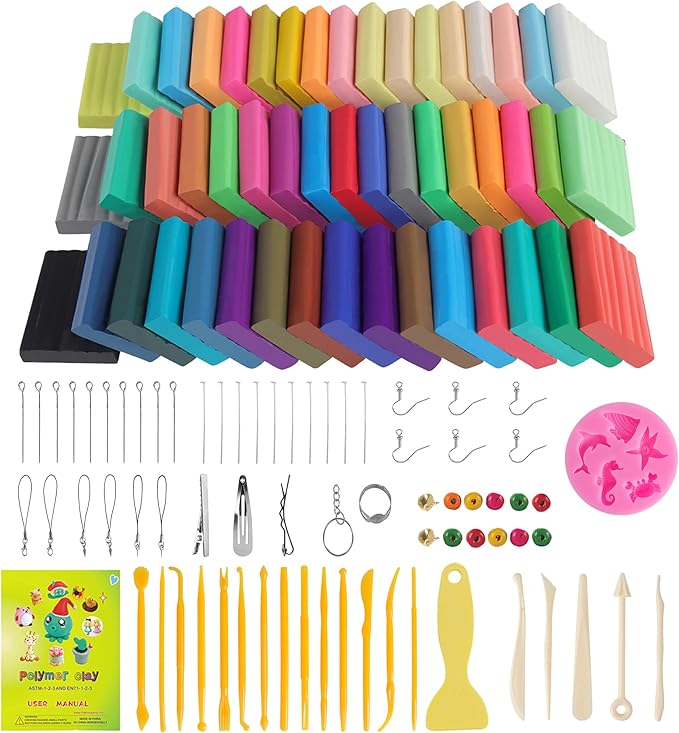 Polymer Clay Kits 50 Colors,Modeling Clay for Kids DIY Mold Oven Bake Clay with Storage Box Sculpting Tools and Accessories,for Kids Adult and Artist Friendly Ideal Gifts