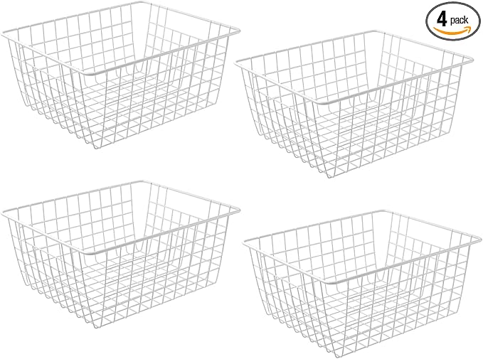 14" Upright Freezer Storage Baskets, White Wire Storage Bins Large Bakset for Freezer, Pantry, Bathroom Organizing, Set of 4