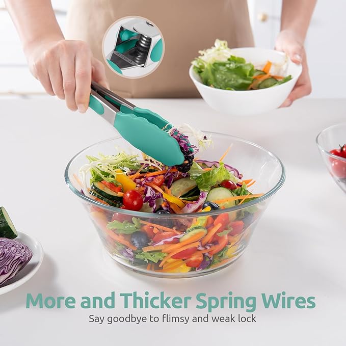 480ºF Heat Resistant Kitchen Tong: U-Taste 7in Silicone Cooking Tong with Firm Sealed Non Stick Rubber Tips & Silicon Coated 18/8 Stainless Steel Handle & Smooth Locking for Serving Salad (Aqua Sky)