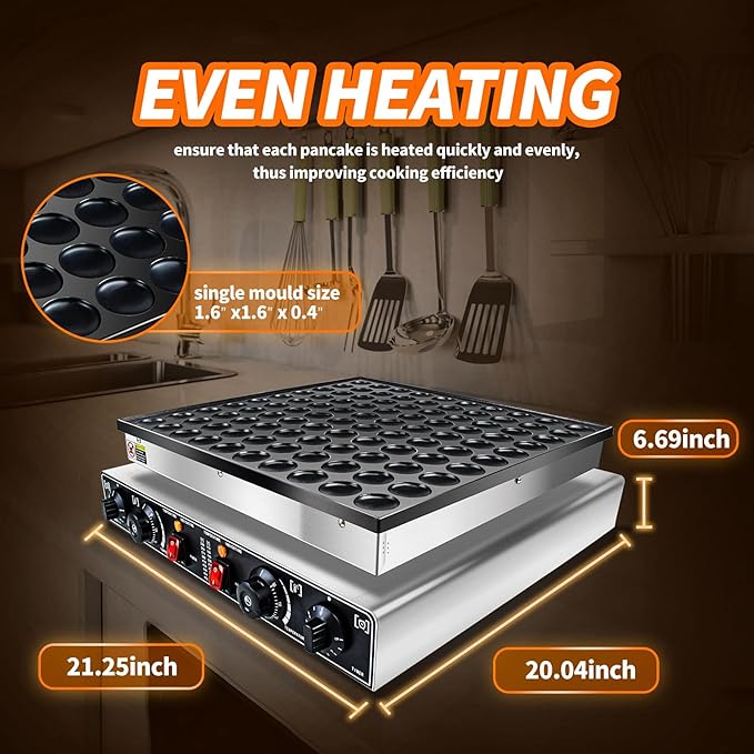KOOTEN Dutch Pancake Baker,100pcs Electric Commercial Large Waffle Maker,Mini pancakes Maker Machine, Non-Stick Round Stainless Steel Mini Waffle Maker with 2 Thermostats and 2 Timers
