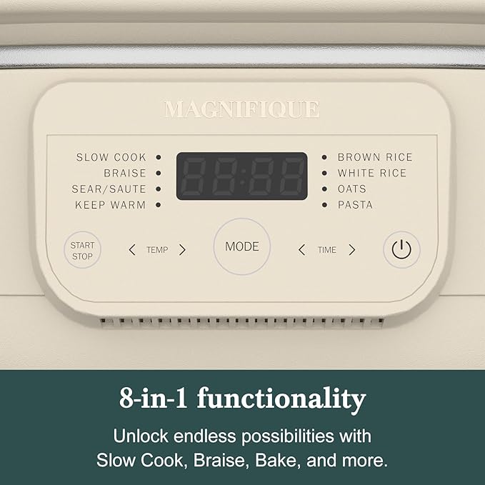 MAGNIFIQUE 4 Quart Claypot Multi-Cooker, with 8-in-1 Casserole Programmable Slow Cooker, Dutch Oven, Pasta, Nonstick Oven Safe Pot to 450°F, Oatmeal