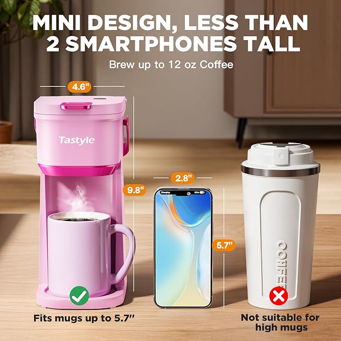 Single Serve One Cup Coffee Maker, for K Cups and Grounds, Mini Coffee Maker with Portable Handle, 6 to 12 Oz Brew Size, for Travel, Camping, Office, RV and Dorm, 120V, Dusty Rosa