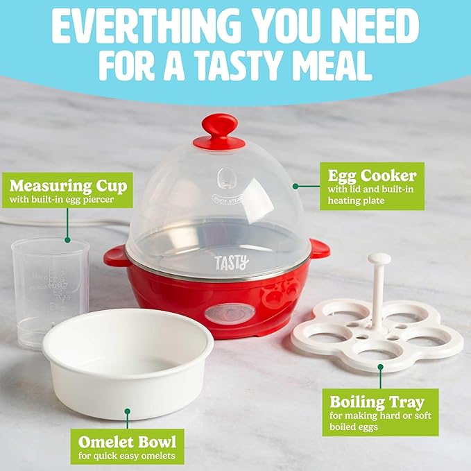 Tasty Mini Rapid Egg Cooker, 5-Egg Capacity for Perfect Hard Boiled Eggs or Omelets, Auto Shut Off, Red