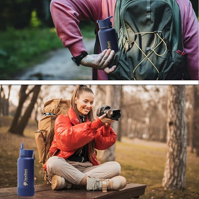 Lexlion Tea Infuser Bottle - Fruit Infuser Water Bottle 32 Oz, Triple Walled Insulated Stainless Steel Bottle, Thermal Leaf Infuser, Silicone Sleeve, 3 Lids Leakproof, Metal Mug Gallon