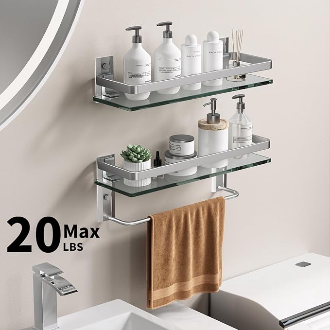 Danpoo Bathroom Shelves Wall Mounted, Clear Tempered Glass Shelf with Towel Bar, Hand Towel Holder(Matte Silver)