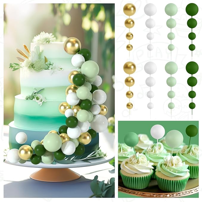 48 Pcs Cake Topper Decorations - Balloon Cupcake Toppers, Foam Balls for Birthday Party Wedding Cake Decorating (Green, Light Green, White, Gold)