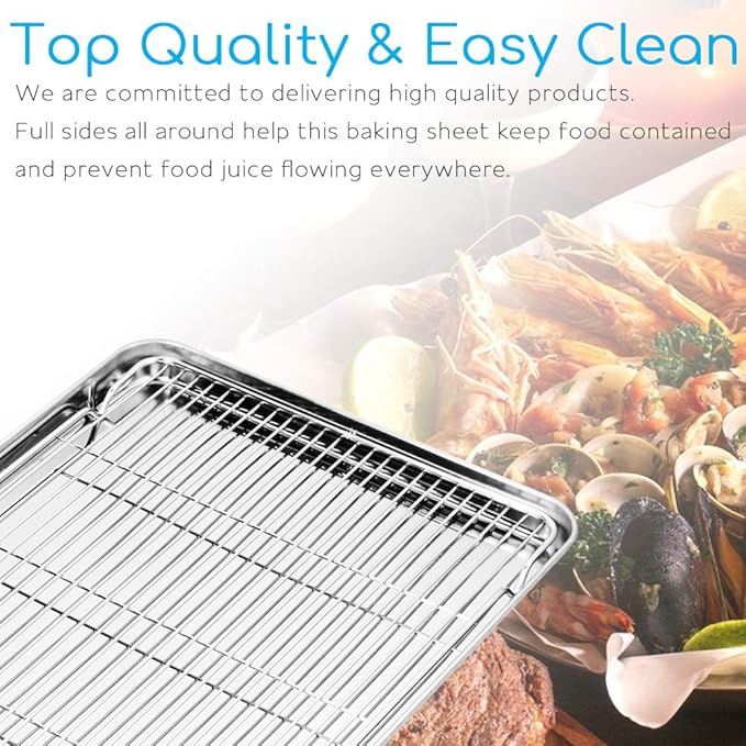 Cookie Sheet and Cooling Rack Set, 16 inch Stainless Steel Baking Pan with a Rack, Professional Bakeware, Healthy & Non-toxic & Rustproof & Easy Clean & Dishwasher Safe