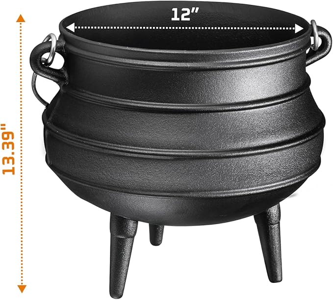 Bruntmor 12 Quart Cast Iron Dutch Oven Cauldron Pot - Camping Cookware with Lid - Pre-Seasoned Heavy-Duty Potjie for Stews, Soups, Braising, and Frying Over Fire Pit Grill or Camp Stove - Black