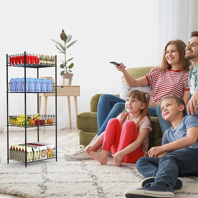 ETELI Water Bottle Organizer 4 Tier FreeStanding Water Bottle Holder Storage Rack Floor Metal Drink Soda Can Organizer for Pantry Kitchen Food Storage, Black