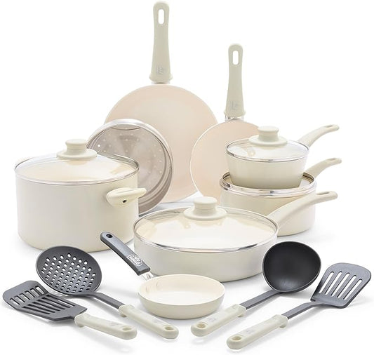 GreenLife Soft Grip 16 Piece Cookware Set, Non-Toxic PFAS-Free Ceramic Nonstick, Frying, Sauce, Saute, Utensils, Glass Lids, Stay-Cool Handles, Wobble Free, Dishwasher & Oven Safe, Cream