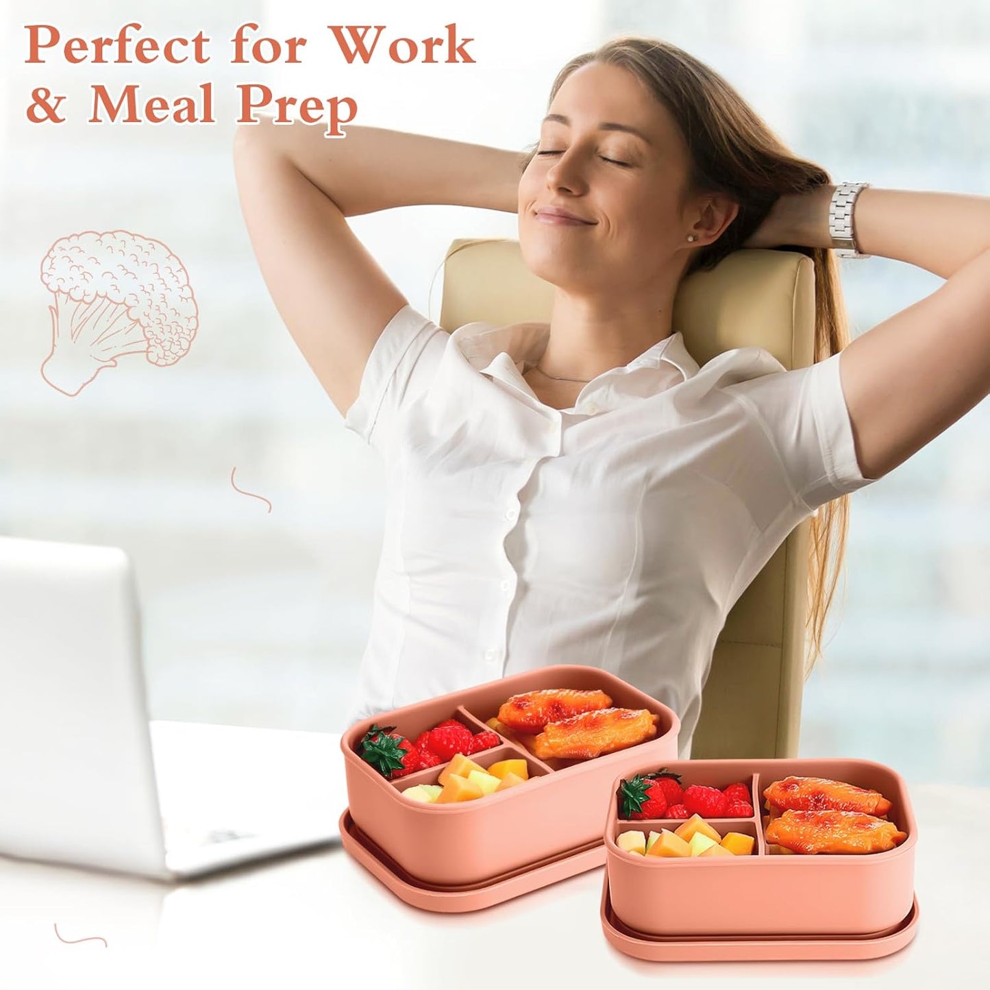 Honeydak 4 Pcs Silicone Bento Lunch Box 3 Compartment Reusable Leakproof Silicone Bento Lunch Container for Adults Microwave Dishwasher Freezer Safe(Orange)