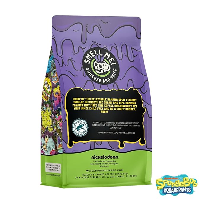 Bones Coffee Company Spongebob Goofy Goober Sundae, Banana Split Flavored Coffee, Medium Roast Low Acid Arabica Beans Compatible with Auto drip and French Press Coffee Maker, 12 Oz Ground