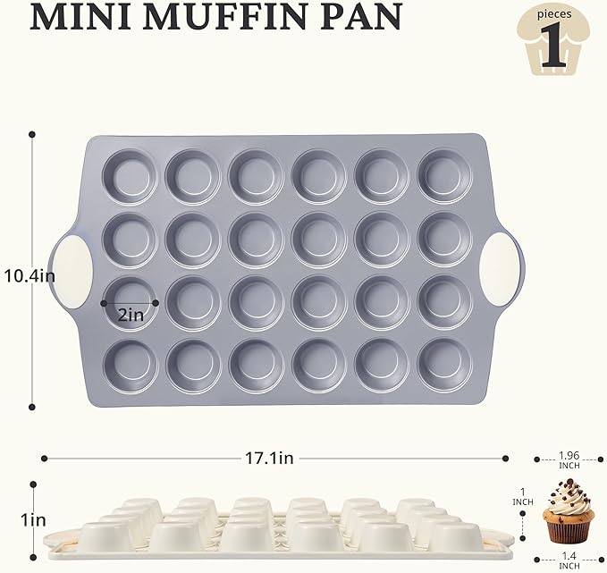 BRONYPRO Ceramic Mini Muffin Pan, 24-Cup Nonstick Aluminized Steel Cupcake Pans, Healthy Non-Toxic Ceramic Coating Mini Muffin Tin, 1Pack Cup Cake Pans for Baking Cream