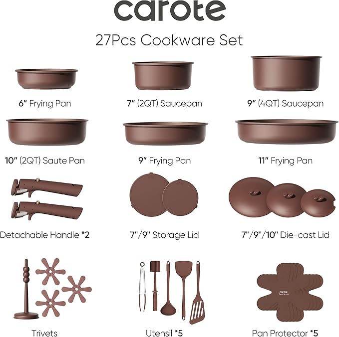 CAROTE 27pcs Pots and Pans Set Non Stick, Gift Set Nonstick Cookware Die-cast Aluminum Detachable Handle, Dishwasher/Oven Safe, Induction Cooking Pot and Pan Sets, Coffee, RV Kitchen Cookwares