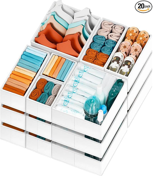 Criusia Drawer Organizer Clothes, 20 Pack Dresser Organizer Bins for Nursery Bedroom, Closet Organization and Storage Dividers for Clothing, Baby Clothes, Underwears, Socks (White)