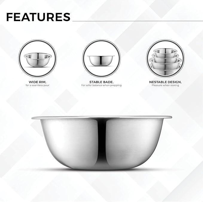 AVADOR Set of 6 Premium Stainless Steel Mixing Bowls Set, Easy To Clean, Space Saving Nestable Design, Great for Cooking, Baking, Prepping (0.75qt, 1.5qt, 3qt, 4qt, 5qt, 8qt)
