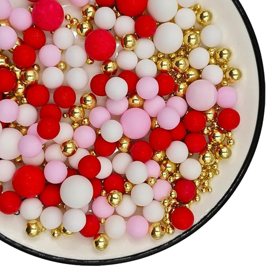 Mixed Edible Pearl Sugar Sprinkles, 4.6 oz Candy Pearls Ideal for Baking, Cake and Cupcake Toppers, Cookie Decoration, Ice Cream Topping (Red&Pink&White&Gold)