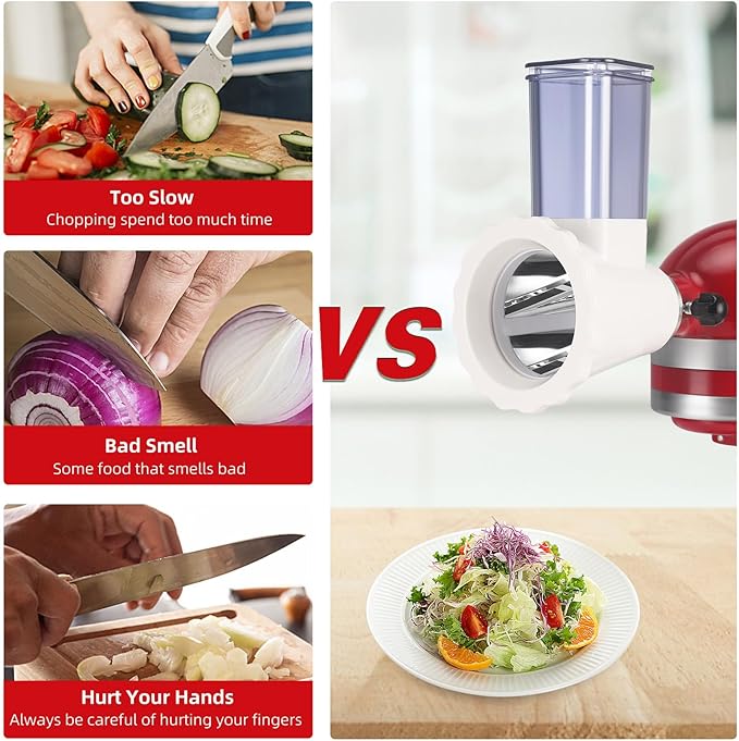 Updated Shredder Cheese Grater Attachment for KitchenAid Stand Mixers, Salad Machine with Vegetable Slicer, Salad Maker, Food Slicers Slicer Shredder Attachment with 4 Blades Dishwasher Safe