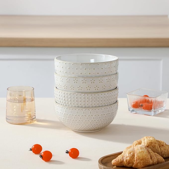 MALACASA Cereal Bowls, 30 Ounce Ceramic Soup Bowl for Kitchen, Stoneware Bowls Set of 4 with Embossment for Pho, Chip, Fruits, Salad, Noodle, Ramen - 6 Inch, Arctic White Series LYDIA