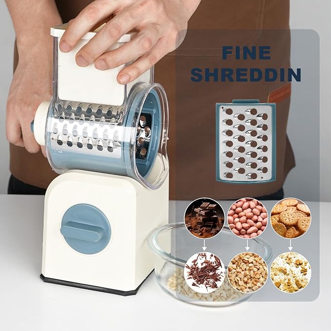 3 in 1 Cheese Grater, Rotary Cheese Grater with Handle for kitchen, Vegetable Slicer with 3 Replaceable Stainless Steel Blades,Peeler and Rubber Gloves (Blue)