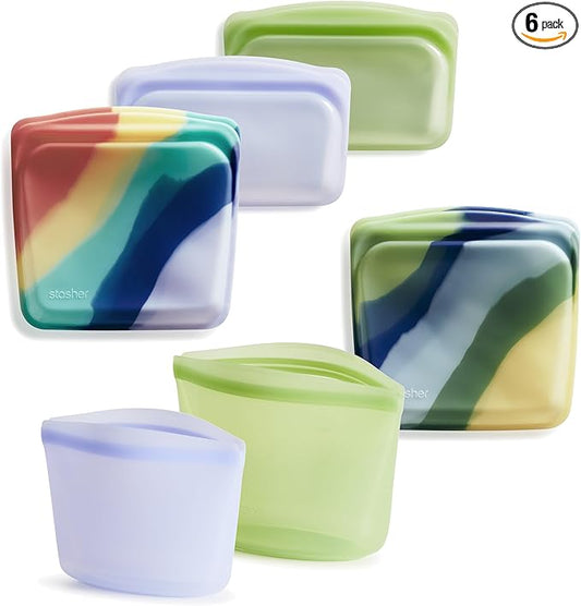 Stasher Premium Silicone Reusable Food Storage Bags, 6-Pack, Multi, Multi-Use Food Storage Bags, Lunch Bag, Travel Containers, BPA Free, Leak-free, Dishwasher-Safe, Eco-friendly